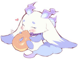 1other animal animal_focus artist_name blush closed_eyes commentary donut eating food hayashidadesu heart holding holding_food lunlun_(nijisanji) nijisanji simple_background sitting solo thick_eyebrows virtual_youtuber white_background