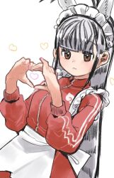 1girl :&lt; alternate_costume animal_ears animal_print apron black_hair blunt_bangs blush brown_eyes cowboy_shot enmaided extra_ears frilled_apron frills heart heart_hands high_collar jacket japari_symbol jersey_maid kemono_friends long_hair long_sleeves looking_at_viewer maid maid_headdress multicolored_hair plains_zebra_(kemono_friends) red_jacket shimazoenohibi sidelocks solo track_jacket two-tone_hair unconventional_maid white_apron white_hair zebra_ears zebra_girl zebra_print