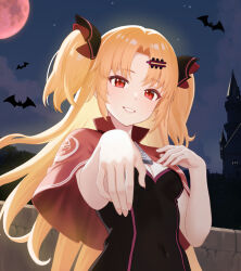 1girl akatsuki_uni alternate_costume bat_(animal) black_dress blonde_hair breasts capelet castle cleavage commentary_request covered_navel curtained_hair dress grin hair_ornament hairclip hand_up hedge highres lips long_hair looking_at_viewer moon muni_(akatsuki_uni) night night_sky outstretched_arm presenting_hand red_capelet red_eyes red_moon sky small_breasts smile solo_focus star_(sky) stone_wall two_side_up uni_create upper_body variant_set very_long_hair virtual_youtuber yasudraw