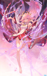 1girl absurdres animal_ears artist_name atdan bare_legs bare_shoulders barefoot breasts closed_mouth detached_sleeves dress earrings electricity feet floating_hair floral_print full_body genshin_impact gohei hair_between_eyes hair_ornament highres holding jewelry large_breasts long_hair looking_at_viewer petals pink_hair purple_eyes sideboob sleeveless sleeveless_dress smile solo yae_miko
