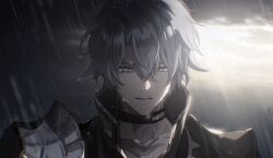 1boy absurdres armor black_choker black_shirt blue_eyes choker cloud highres honkai:_star_rail honkai_(series) male_focus neck_tattoo parted_bangs pauldrons phainon_(honkai:_star_rail) rain shirt short_hair shoulder_armor single_pauldron solo sun_symbol sun_tattoo tan tattoo tears wet wet_clothes wet_hair wet_shirt white_hair zassyoku_dd