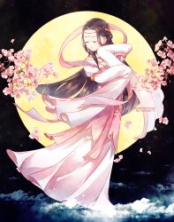 1girl baronet blunt_ends branch brown_hair cherry_blossoms chinese_clothes closed_eyes closed_mouth cloud dot_nose expressionless facial_mark falling_petals floating_clothes floating_hair flower forehead forehead_mark full_body full_moon hagoromo hair_flower hair_ornament hair_rings hanfu headband jewelry juliet_sleeves leaf light_particles long_hair long_sleeves moon necklace nikki_(series) nikki_up2u2:_world_traveller orange_flower orange_rose petals pink_flower pink_hanfu puffy_sleeves rose shawl sleeve_garter sleeves_past_fingers sleeves_past_wrists solo standing straight_hair very_long_hair wide_sleeves wind