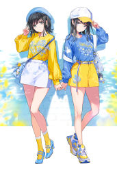 2girls adjusting_clothes adjusting_headwear backpack bag bag_charm baseball_cap beret black_hair blue_eyes blue_footwear blue_headwear blue_shirt blue_socks blue_theme blush bottle character_charm character_doll charm_(object) closed_mouth clothes_writing corked_bottle earrings floral_print full_body hand_in_own_hair handbag hat headwear_writing high_heels highres holding_hands jewelry light_frown long_hair long_sleeves looking_at_viewer medium_hair miniskirt mole mole_under_eye multiple_girls off_shoulder original playing_with_own_hair print_shirt print_skirt shadow shirt shoes skirt smile sneakers socks standing tiv white_headwear white_skirt yellow_shirt yellow_shoes yellow_skirt yellow_socks yellow_theme yuri