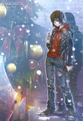 00s absurdres black_jacket black_lagoon brick_wall broken_glass brown_hair christmas christmas_tree cold brown_hair denim ear_piercing eyeliner finger_on_trigger glass glass_shard gun handgun highres holding holding_glass_shard holding_gun holding_weapon hood hoodie jacket jeans jewelry leather leather_jacket looking_to_the_side makeup medium_hair pants piercing red_hoodie red_nose red_ribbon revy_(black_lagoon) ribbon ring torn_jeans shadow shirt shoes sneakers snow snowing standing torn_clothes torn_hoodie torn_legwear torn_shirt unamused weapon