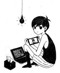 1boy antenna_hair artist_name bare_arms bare_shoulders closed_mouth commentary computer empty_eyes english_commentary expressionless fingernails full_body greyscale handheld_game_console hands_up high_contrast highres holding holding_handheld_game_console kneehighs knees_up laptop light_bulb looking_at_viewer looking_back male_focus meta monochrome no_pupils no_shoes official_art omocat omori omori_(omori) short_hair shorts simple_background sitting socks solo striped_clothes striped_shorts tank_top tissue_box turning_head very_short_hair white_background