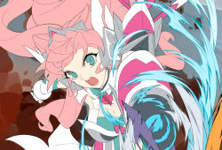 1girl blue_eyes highres long_hair magical_girl maria_cadenzavna_eve mokutan_mmmm open_mouth pink_hair senki_zesshou_symphogear solo