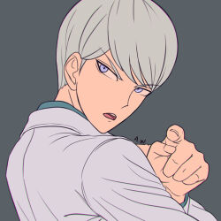 Rule 34 | 1boy, artist name, blue eyes, d:, danganronpa (series), danganronpa 3 (anime), grey hair, grey jacket, jacket, long sleeves, male focus, munakata kyousuke, open mouth, pointing, pointing at viewer, short hair, simple background, solo, suika no9, teeth, upper teeth only