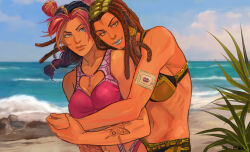 2girls arm_tattoo bikini black_hair blue_eyes blue_leotard blue_sky braid braided_ponytail breasts brown_hair bun_with_braided_base cleavage cleavage_cutout clothing_cutout cloud double_bun earrings ermes_costello forehead_tattoo green_bikini green_eyes green_hair hair_bun heart_cutout jewelry jojo_no_kimyou_na_bouken kuujou_jolyne leotard medium_breasts multicolored_hair multiple_girls navel navel_piercing ocean piercing pink_hair purple_bikini sky smile sticker stone_ocean swimsuit tattoo two-tone_hair vasiliy-plumber
