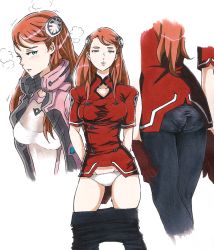 Rule 34 | 1girl, aida rayhunton, arms behind back, ass, blue eyes, breasts, clothes pull, groin, gundam, gundam g no reconguista, large breasts, long hair, lostunicorn, marker (medium), panties, panties under pantyhose, pantyhose, pantyhose pull, pantylines, red hair, simple background, smile, sweat, traditional media, underwear, white background