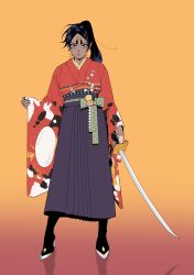 1girl 48hrsinaday absurdres arm_at_side character_request closed_mouth dark-skinned_female dark_skin full_body genderswap genderswap_(mtf) golden_kamuy gradient_background hand_up high_heels highres holding holding_sword holding_weapon japanese_clothes kimono koito_otonoshin long_hair ponytail sash shadow simple_background solo standing sword weapon yellow_background yukata