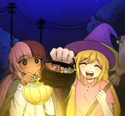 2girls :d ^_^ aged_down ahoge aubrey_(faraway)_(omori) aubrey_(omori) black_eyes blonde_hair blush bright_pupils broom brown_hair bucket buttons candy cape child chocolate chocolate_bar closed_eyes closed_mouth collared_shirt commentary dark-skinned_female dark_skin donuqx double-parted_bangs english_commentary expressionless food foreshortening grey_cape hair_between_eyes hair_tie halloween_bucket halloween_costume hands_up hat hatching_(texture) highres holding holding_broom holding_bucket hood hood_down hooded_cape long_sleeves low_twintails mole mole_under_mouth multicolored_hair multiple_girls night night_sky no_sclera omocat_(style) omori open_mouth original outdoors pink_hair pink_shirt power_lines purple_hat shirt sky smile split-color_hair straight_hair teeth tongue tree twintails two-tone_hair upper_body upper_teeth_only utility_pole vix_(donuqx) white_pupils white_shirt witch_hat wrapped_candy
