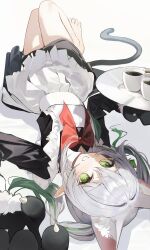 1girl absurdres alternate_costume animal_ear_fluff animal_ears animal_ears_(norankkori) animal_hands apron barefoot black_dress black_gloves blonde_hair blush bow bowtie cat_ears cat_tail commentary cross-shaped_pupils cup dress enmaided extra_ears genshin_impact gloves gradient_hair green_eyes green_hair grin hair_between_eyes hair_ornament highres holding holding_tray kemonomimi_mode leaf_hair_ornament long_hair long_sleeves looking_at_viewer lying maid multicolored_hair nahida_(genshin_impact) on_back paw_gloves red_bow red_bowtie side_ponytail simple_background smile solo symbol-shaped_pupils tail tray white_apron white_background white_hair