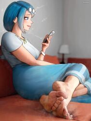 1girl artist_name barefoot blue_eyes blue_hair blue_skirt blurry blurry_background bracelet breasts bubmoni cellphone commentary couch english_commentary eyelashes feet foot_focus freckles from_side full_body grey_shirt hair_ornament hand_up highres holding holding_phone jewelry lana&#039;s_mother_(pokemon) large_breasts lipstick long_hair long_toenails makeup musical_note nintendo on_couch phone pink_lips pokemon pokemon_(anime) pokemon_sm_(anime) ponytail shadow shirt short_sleeves sidelocks sitting skirt smartphone smell soles steaming_body swept_bangs toenails toes yokozuwari