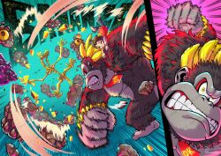 Rule 34 | artist name, barefoot, bracelet, breaking, clenched teeth, club (weapon), crockoid (donkey kong), debris, donkey kong, donkey kong (series), donkey kong bananza, gorilla, jewelry, koki ant, kong bananza, motion blur, necktie, nintendo, pauline (mario), pauline (young) (mario), punching, red necktie, rock, skeleton, teeth, watermark, weapon
