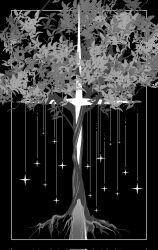 1other benkdjjituibot black_background border greyscale hanging_light hanging_star highres monochrome omniscient_reader&#039;s_viewpoint outside_border plant_roots scenery secretive_plotter size_difference solo sparkle tree white_border