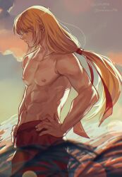 Rule 34 | 1boy, abs, bare pectorals, blonde hair, closed mouth, cloud, floating hair, hair behind ear, hair ribbon, hands on own hips, highres, ken masters, long hair, looking ahead, male focus, marumaru1902, navel, nipples, outdoors, pants, pectorals, red pants, red ribbon, ribbon, sky, solo, standing, street fighter, street fighter zero (series), thick eyebrows, topless male, very long hair, wheat, wheat field