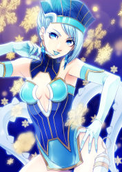 10s 1girl bare_shoulders blue_eyes blue_hair blue_rose_(tiger_&amp;_bunny) boots breasts cleavage earrings elbow_gloves enmto eyelashes female_focus fingernails fingernails_over_gloves gloves gun jewelry karina_lyle lipstick makeup matching_hair/eyes medium_breasts short_hair solo superhero_costume thigh_boots thighhighs tiger_&amp;_bunny weapon