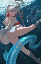 1girl blue_eyes boots breasts dress earrings floating_hair full_body highres holding holding_sword holding_weapon jewelry medium_breasts myrtenaster panties ponytail rwby scar scar_across_eye scar_on_face sea_serpent submerged sword thighs underwater underwear v-shaped_eyebrows wangxiii water weapon weiss_schnee white_dress white_hair white_panties