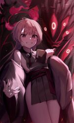 1girl :d absurdres bandaged_arm bandaged_hand bandages bell black_kimono blue_archive blunt_bangs blush book commentary_request cowboy_shot detached_sleeves dutch_angle evil_grin evil_smile eyeshadow flat_chest gauze gauze_on_cheek grey_hair grey_sleeves grin halo hand_up highres holding holding_book japanese_clothes jingle_bell kimono kurokage_(blue_archive) long_hair looking_at_viewer makeup monster no_bra obi oiru_(613) open_book open_mouth red_eyes red_eyeshadow red_halo sash shuro_(blue_archive) sideless_kimono sidelighting smile solo