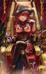 1girl absurdres ankle_boots arrow_through_heart ascot belt bicorne black_choker black_coat black_hat boots breasts brooch brown_belt brown_boots brown_thighhighs buttons choker coat cocktail_glass coin commentary_request confetti covered_navel cropped_jacket crossed_legs cup drinking_glass fold-over_boots frilled_choker frills gloves gold_coin gold_trim hair_ribbon hand_up hat heterochromia high_heel_boots high_heels highres holding holding_cup hololive houshou_marine houshou_marine_(1st_costume) indoors isome jacket jewelry lace lace-trimmed_legwear lace_trim lapel_pin large_breasts leather leather_belt leather_boots leotard leotard_under_clothes long_hair looking_at_viewer miniskirt off_shoulder on_chair pirate_hat pleated_skirt red_ascot red_eyes red_hair red_jacket red_ribbon red_skirt ribbon see-through_clothes see-through_leotard ship&#039;s_wheel sitting sitting_on_throne skirt sleeveless sleeveless_jacket solo straight-on thighhighs twintails virtual_youtuber white_gloves yellow_eyes
