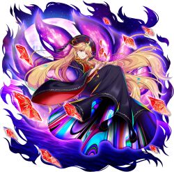 1girl black_dress black_hat blonde_hair breasts closed_mouth crescent_print crystal dalachi_(headdress) dress energy_tail fingernails fox_tail game_cg hat highres junko_(touhou) long_fingernails long_hair long_sleeves looking_at_viewer multiple_tails neck_ribbon official_art red_eyes red_nails red_tabard ribbon rotte_(1109) solo tabard tail third-party_source touhou touhou_lostword transparent_background very_long_hair wide_sleeves yellow_ribbon