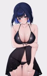 1girl absurdres babydoll black_babydoll black_hair black_panties blue_eyes blue_hair breasts commentary grey_background highres hololive hololive_english large_breasts ouro_kronii panties simple_background solo sui1k0 symbol-only_commentary underwear virtual_youtuber