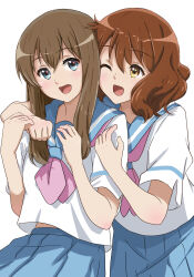 2girls absurdres arm_around_neck becky_oekaki blue_eyes blue_sailor_collar blue_skirt brown_hair clenched_hand commentary_request cowboy_shot double-parted_bangs eyelashes fluffy_hair hair_over_shoulder hands_up hibike!_euphonium highres hug_from_side kitauji_high_school_uniform kuroe_mayu light_blush long_hair long_sidelocks looking_at_another looking_at_viewer medium_hair multiple_girls neckerchief one_eye_closed open_mouth oumae_kumiko pink_neckerchief pleated_skirt sailor_collar school_uniform shirt short_sleeves sidelocks simple_background skirt smile standing straight_hair tongue wavy_hair white_background white_shirt wispy_bangs yellow_eyes