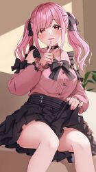 Rule 34 | 1girl, black bow, black choker, black skirt, blush, bow, breasts, choker, clothes lift, collarbone, collared shirt, commentary request, dress shirt, ear piercing, feet out of frame, hair bow, hand up, heart, heart o-ring, highres, indoors, jirai kei, komori kuzuyu, lifting own clothes, long sleeves, looking at viewer, medium breasts, o-ring, original, parted lips, piercing, pink hair, pink shirt, pleated skirt, puffy long sleeves, puffy sleeves, red eyes, shirt, sitting, skirt, skirt lift, sleeves past wrists, smile, solo, twintails