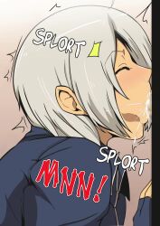 1girl angel_(kof) closed_eyes cum cum_in_mouth deepthroat ejaculation erection fellatio female_focus gloves greco_roman_(spiral_brain) highres internal_cumshot jacket leather open_mouth oral penis short_hair spiral_brain swallowing the_king_of_fighters wet white_hair