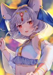 1girl animal_ears arabian_clothes ari_don bangle belly_dancing blue_ribbon blush bracelet circlet commentary_request crop_top crystal_earrings dancer dancing earrings fingernails frills gem gold grey_hair harem_outfit highres jewelry looking_at_viewer midriff mouse_ears mouse_girl nail_polish navel nazrin red_eyes ribbon short_hair smirk solo stomach touhou upper_body