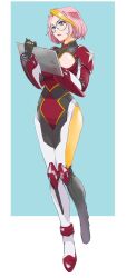 2024 armored_boots black_bodysuit blonde_hair blue_background bob_cut bodysuit boots border breasts cleavage_cutout closed_mouth clothing_cutout collarbone commentary full_body groin_tendon head_tilt highres holding holding_tablet_pc kamen_america_(comic) kamen_unity large_breasts mature_female mixed-language_commentary mole mole_under_eye multicolored_hair outside_border red_bodysuit red_lips red_trim round_eyewear serious short_hair simple_background standing streaked_hair tablet_pc thighs turtleneck turtleneck_bodysuit v-shaped_eyebrows white_boots white_trim yakatusai yellow_trim