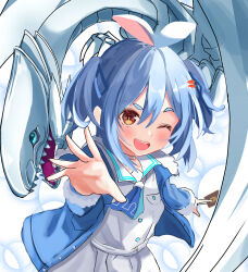 Rule 34 | 1girl, 1other, absurdres, blue-eyes white dragon, blue eyes, blue hair, blush, card game, collarbone, dragon, dragon horns, dragon tail, dragon wings, dress, eastern dragon, fang, hair between eyes, hair ornament, highres, holding, hololive, horns, long sleeves, one eye closed, open mouth, orange eyes, reaching, reaching towards viewer, sharp teeth, smile, tail, teeth, usada pekora, usada pekora (casual), white dress, wings, yu-gi-oh!, yume (yume16389131)