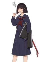 1girl anger_vein black_hair blue_serafuku blue_skirt bob_cut candy commentary_request food heiya_desu highres holding holding_candy holding_food holding_lollipop holding_pants katana limbus_company lollipop long_sleeves open_mouth pants pleated_skirt project_moon red_eyes red_sailor_collar ryoshu_(project_moon) sailor_collar school_uniform serafuku short_hair simple_background skirt slit_pupils solo squiggle sword unworn_pants weapon white_background