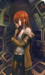1girl absurdres arm_belt belt black_pantyhose black_shorts breast_pocket breasts brown_hair brown_jacket collared_shirt copyright_name crt hair_between_eyes hair_over_one_eye hair_over_shoulder hand_in_own_hair hand_over_eye highres huke jacket jacket_partially_removed leather_belt looking_at_viewer makise_kurisu monitor necktie non-web_source official_art pantyhose pocket purple_eyes purple_trim red_necktie ringed_eyes shiny_lips shirt shorts small_breasts smile solo square_pupils standing steins;gate thick_thighs thighs white_belt white_shirt