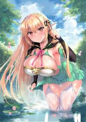 Rule 34 | 1girl, absurdres, bent over, black capelet, black choker, black ribbon, blonde hair, braid, breasts, capelet, choker, cleavage, clothing cutout, crossed bangs, crown braid, detached sleeves, elf, forest, garter straps, green skirt, highres, large breasts, long hair, nature, ninoko, original, pleated skirt, pointy ears, ribbon, signature, skirt, solo, sylpha (ninoko), thighhighs, water, wet thighhighs, white thighhighs