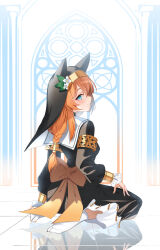 Rule 34 | 1girl, absurdres, alphaart, animal ear headwear, animal ears, black dress, black veil, blue archive, blue eyes, blush, braid, braided ponytail, cat ears, closed mouth, coif, dress, fake animal ears, flower, flower hat, from behind, hair between eyes, halo, hat, hat flower, highres, long hair, long sleeves, looking at viewer, looking back, mari (blue archive), no shoes, nun, orange hair, seiza, sitting, smile, socks, solo, veil, white flower, white socks, yellow halo