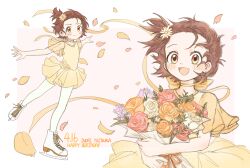1girl :o border bouquet brown_eyes brown_hair closed_mouth dated dress falling_petals figure_skating figure_skating_dress flower full_body hair_flower hair_ornament happy_birthday highres holding holding_bouquet ice_skates leg_up looking_at_viewer medalist_(manga) multiple_views one_side_up open_mouth orange_flower outside_border outstretched_arms pantyhose petals pink_background pink_flower see-through_clothes see-through_sleeves short_dress short_hair short_sleeves skates spread_arms upper_body white_border white_flower white_pantyhose wildfire_(wildfire981) yellow_dress yuitsuka_inori