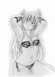 1girl absurdres animal_print arm_warmers arms_up bikini breasts collarbone greyscale highres long_hair looking_at_viewer lum marumo_516 monochrome navel print_bikini side-tie_bikini_bottom solo swimsuit tiger_print urusei_yatsura