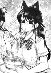 1girl absurdres animal_ears black_eyes black_hair cat_ears chopsticks eating food greyscale highres komi-san_wa_komyushou_desu komi_shouko long_hair monochrome monochrome noodles osiimi ramen school_uniform short_hair soup tadano_hitohito white_background