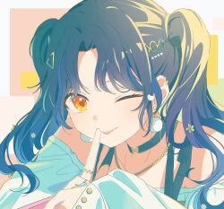 1girl bare_shoulders black_hair blue_hair blue_nails choker earrings hair_ornament hairclip heart highres jewelry long_hair long_sleeves looking_at_viewer nail_polish necklace off-shoulder_shirt off_shoulder one_eye_closed orange_eyes parted_bangs project_sekai ring shiraishi_an shirt solo tongue tongue_out twintails upper_body yuki72611
