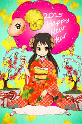1girl artist_request balloon black_hair bonsai bow brown_eyes fake_horns female_focus hand_on_lap happy happy_new_year holding holding_balloon horns idolmaster idolmaster_cinderella_girls japanese_clothes kimono kneeling light_smile long_hair long_image long_twintails looking_to_the_side multicolored_background nakano_yuka namco new_year pillow red_bow red_ribbon ribbon sheep sheep_horns smile star_(symbol) tall_image traditional_media twintails