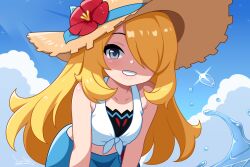Rule 34 | 1girl, :d, bare shoulders, blonde hair, blue sarong, brown hat, cloud, cloudy sky, collarbone, crop top, cynthia (pokemon), cynthia (summer 2025) (pokemon), flower, grey eyes, hair over one eye, hat, hat flower, highres, leaning forward, long hair, looking at viewer, nintendo, official alternate costume, open mouth, pokemon, pokemon masters ex, red flower, sarong, sky, smile, solo, su1zide, sun hat, very long hair, water, white mouth