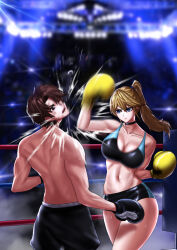 1boy 1girl akaba_(user_fptu3387) boxing_gloves boxing_ring boxing_shorts commission highres jewelry mixed-sex_combat ring shorts tagme