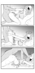 1boy 1girl 3koma absurdres arm_held_back ass ass_press blue_archive blush bottomless breast_press breasts bun_cover china_dress chinese_clothes clothed_female_nude_male clothed_sex comic doggystyle dress ear_blush face_down face_in_pillow from_side grabbing_another&#039;s_arm grabbing_another&#039;s_ass greyscale groping halo hand_on_another&#039;s_head hanging_breasts head_grab hetero highres kneeling large_breasts long_hair lying monochrome no_panties nude official_alternate_costume on_stomach pillow rank_alee sex sex_from_behind solo_focus tomoe_(blue_archive) tomoe_(qipao)_(blue_archive) top-down_bottom-up