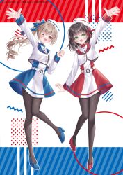 2girls :d ;d arm_up black_hair black_pantyhose blue_bow blue_shoes blue_skirt blush boude_miu bow breasts brown_hair commentary_request green_eyes hair_bow hat high_heels jacket knees_together_feet_apart kohinata_hoshimi long_hair midorikawa_sakura multiple_girls one_eye_closed open_mouth original pantyhose red_bow red_eyes red_shoes red_skirt shirt shoes side_ponytail skirt small_breasts smile tilted_headwear very_long_hair white_hat white_jacket white_shirt