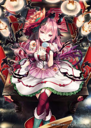 1girl akkijin candy demon_girl demon_tail dress female_focus flower food hair_flower hair_ornament lollipop pink_hair red_eyes red_ribbon ribbon shinkai_no_valkyrie solo spiral tail thighhighs tongue tongue_out white_dress