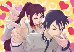 1boy 1girl ascot black_hair black_necktie breast_pocket brown_eyes collared_shirt eyelashes grey_jacket grey_shirt hand_to_own_mouth hands_up heart heart_background index_finger_raised jacket kirishima_eriko long_hair long_sleeves necktie one_eye_closed orange_ascot parted_lips persona persona_1 pocket pointing pointing_at_viewer ponytail portrait puckered_lips purple_eyes purple_hair school_uniform shirt short_hair sparkle st._hermelin_school_uniform toudou_naoya v-shaped_eyebrows wanderjegson watch wristwatch yellow_background