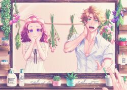 Rule 34 | 1boy, 1girl, adam&#039;s apple, ani inako, blue eyes, character name, collarbone, dame x prince, english text, fangs, flower, flower request, freckles, green eyes, hand on own neck, hands on own face, highres, indoors, joxxy a3, mirror, morning, open mouth, pectoral cleavage, pectorals, pink ribbon, pov, purple flower, ribbon, shirt, short hair, smile, teo colton, toothbrush, watering can, white shirt, yawning