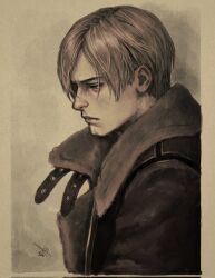 Rule 34 | 1boy, blonde hair, brown jacket, commentary, corrupted twitter file, english commentary, ericson blum, from side, frown, highres, jacket, leon s. kennedy, male focus, profile, resident evil, resident evil 4, resident evil 4 (remake), sepia, signature, solo
