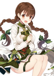 1girl absurdres book braid breasts brown_eyes brown_hair collar dorothy_(grimms_notes) dorothy_(mahou)_(grimms_notes) frilled_collar frills green_collar green_ribbon green_skirt grimms_notes hair_ribbon highres holding holding_book large_breasts looking_at_viewer open_mouth retsuto ribbon shirt simple_background sitting skirt smile solo thick_thighs thighs twin_braids white_background white_shirt